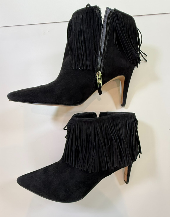 Sam Edelman Shoes - Sam Edelman Blk Suede Fringe Ankle Booties Pointed Toe Side Zip Heeled Boots 9